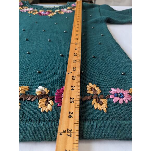 VTG Grandma Sweater Colleens Collectables Size L Green Floral Embroidered Beaded - Picture 8 of 8